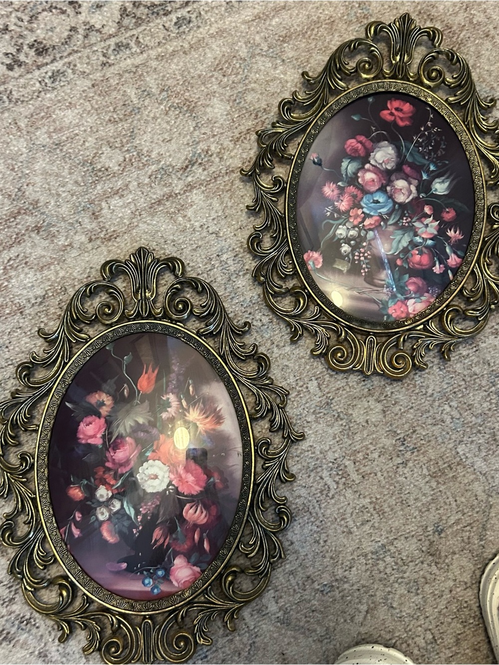 Vintage Brass Made In Italy Oval Floral Wall Art Pair Floral